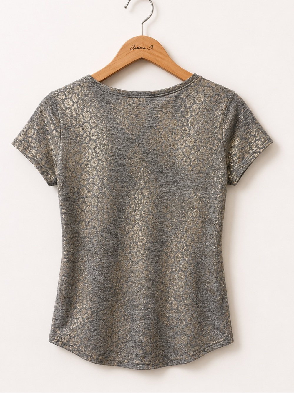 White House Black Market Pewter Gray Knit Metallic Gold Leopard Print V-Neck Top - Picture 5 of 8